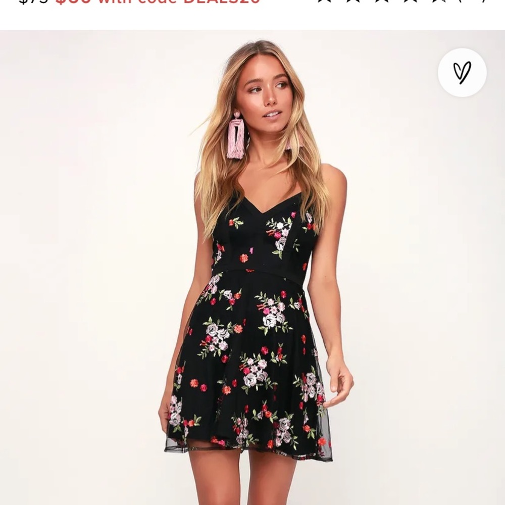 Lulus Black Mesh Floral Embroidered Skater Dress - new with tags!